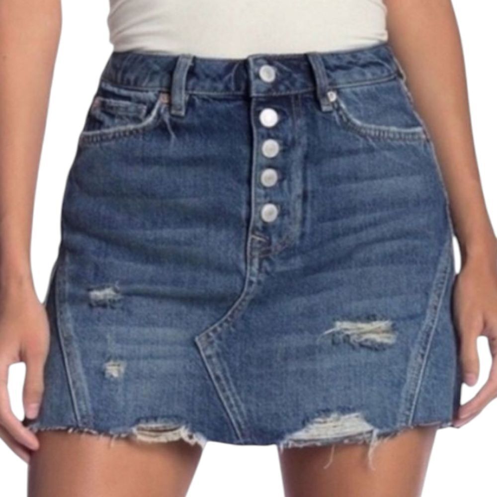 We The FREE PEOPLE Distressed Harvey Button Fly Mini Jean Skirt Size 31 | 12